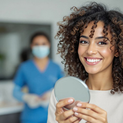 Woman smiling while holding small mirror