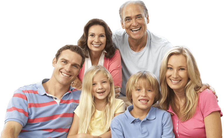 Three generations of smiling family members