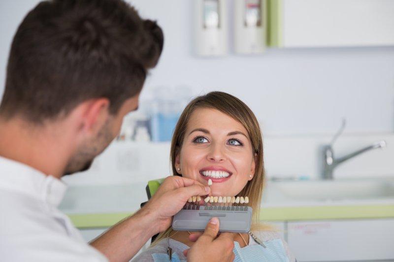 a dentist using a shade guide to determine the color of a patient’s teeth in Homer Glen